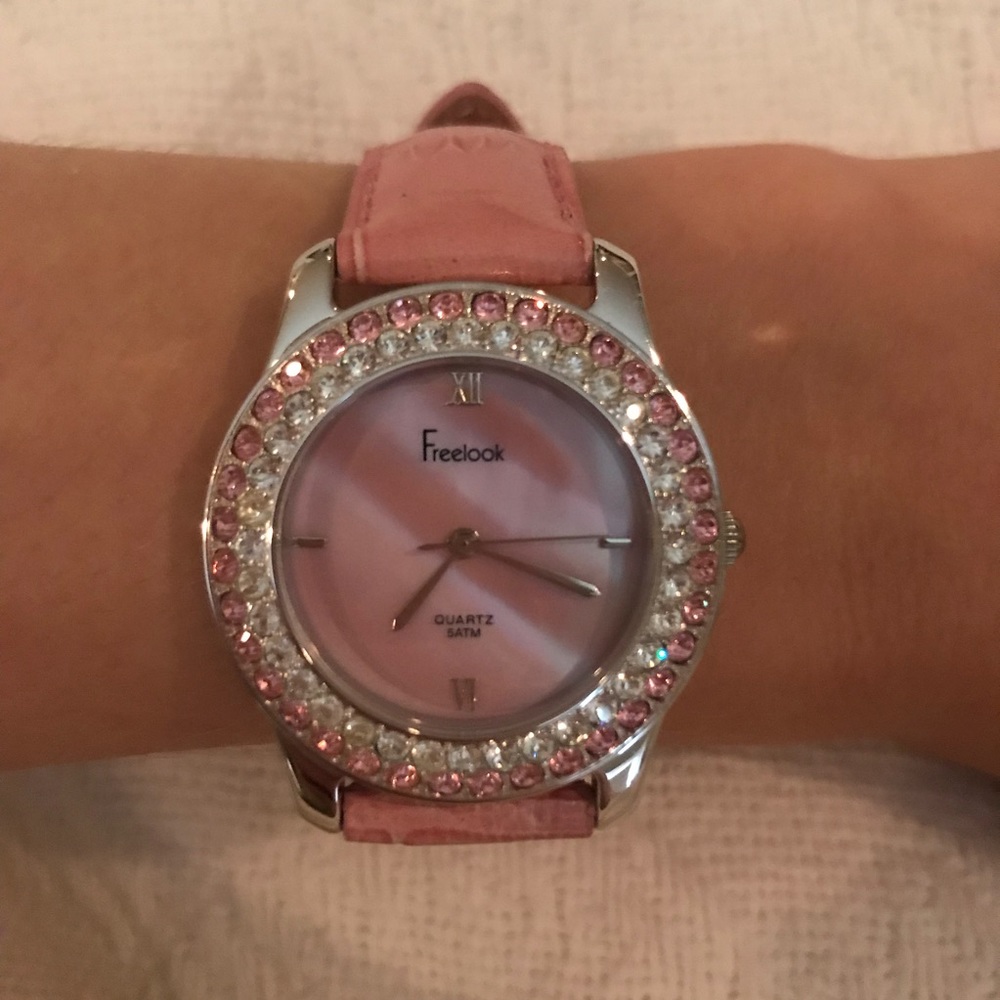 Freelook Baby Pink Watch- Crystals & Leather Strap